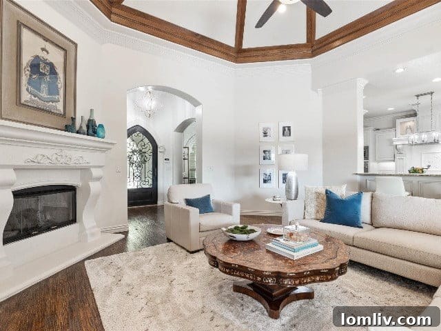 The impressive family room of this Aledo home features a vaulted-and-beamed ceiling and scraped hardwood floors, creating an elegant and spacious atmosphere.