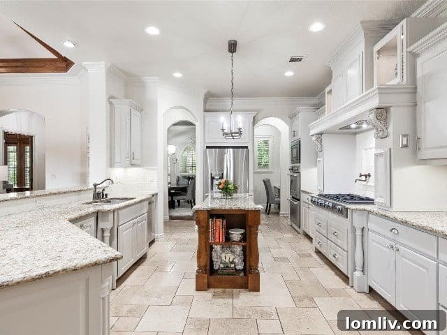 A state-of-the-art chef's kitchen in the Aledo luxury home, featuring high-end appliances, a spacious island, and elegant finishes, perfect for culinary enthusiasts.