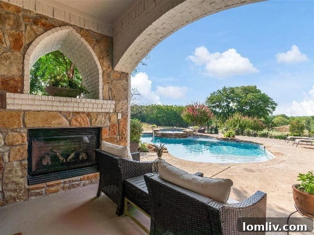 The luxurious outdoor living space of the Aledo home, featuring a sparkling pool, spa, and expansive patio overlooking the golf course, perfect for relaxation and entertaining.