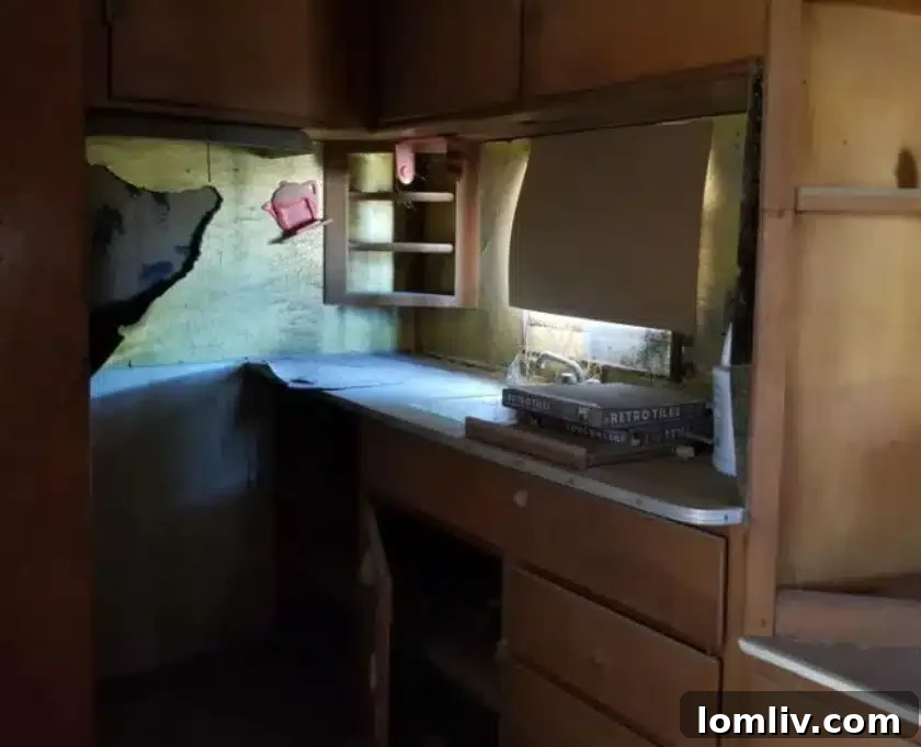 Vintage kitchenette in the mobile home with ample counter space, ideal for a bohemian chef.