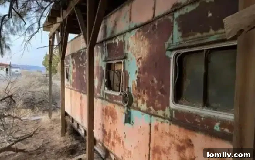 Interior details of the mobile home, emphasizing its vintage and rustic charm suitable for bohemian living.