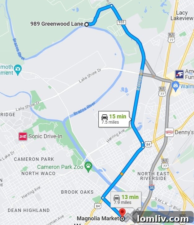 Map illustrating boating directions to Magnolia Market