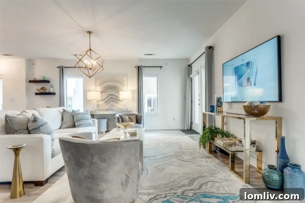 Modern, open-concept living room in the Dallas M Streets condo, featuring a sleek fireplace, ample natural light, and contemporary furnishings.