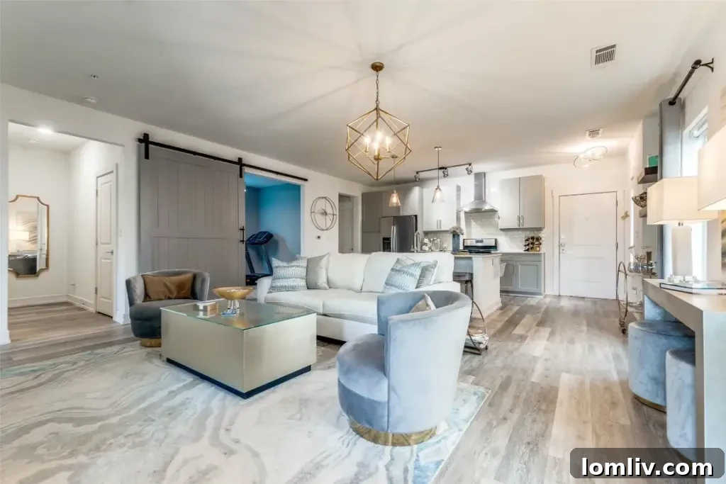 Contemporary kitchen in the M Streets condo with gleaming quartz countertops, high-end stainless steel appliances, and a seamless flow into the open living area.