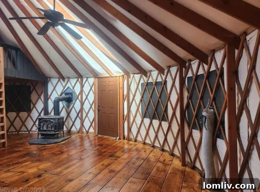Yurt interior showing cross-cut wall design