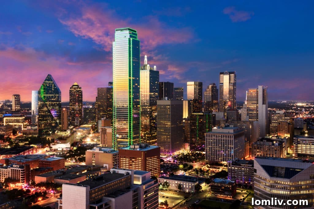 Dallas skyline with modern buildings and a busy street