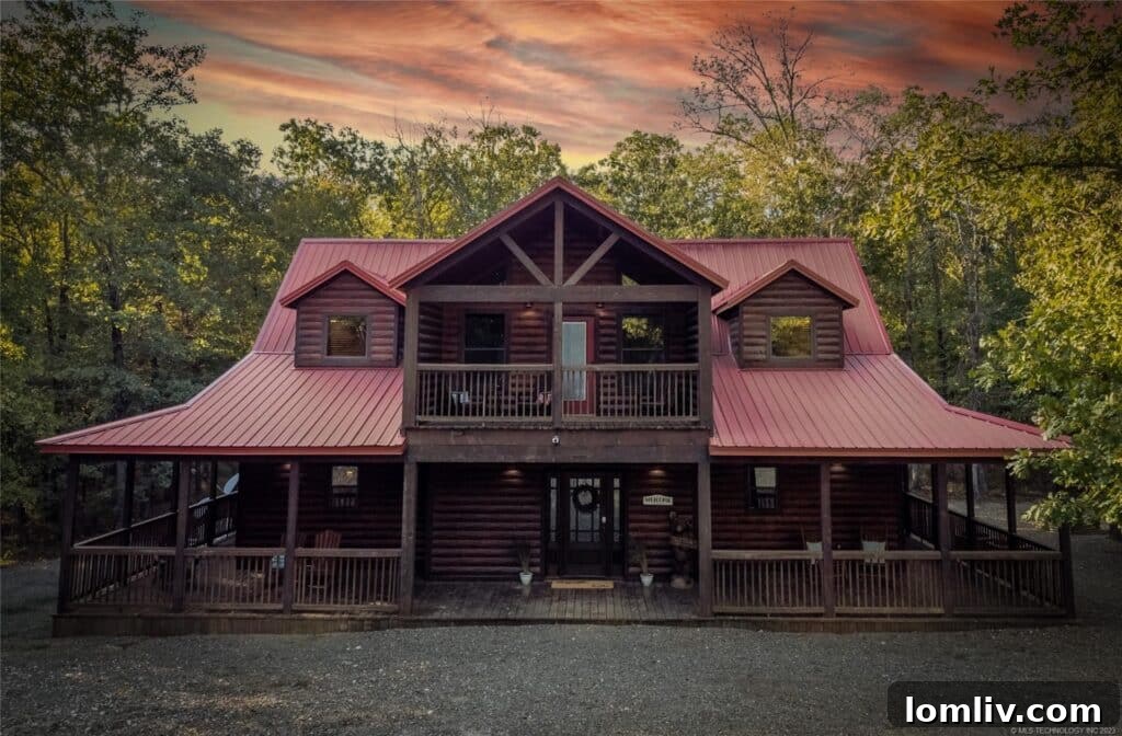 Exterior view of 'Cabins Are Forever,' a luxury cabin in Hochatown with a spacious wrap-around porch and modern rustic architecture