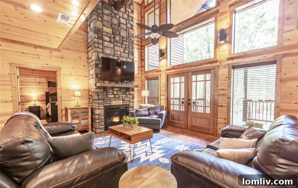 Modern kitchen with granite countertops, stainless steel appliances, and a large island in 'Cabins Are Forever' at Hochatown