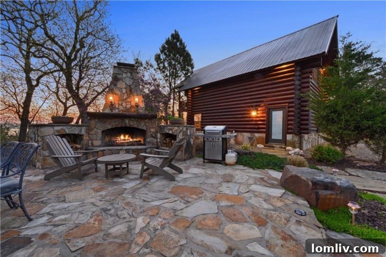 Interior view of a luxurious living room in Broken Bow cabin with stone fireplace, high ceilings, and comfortable seating