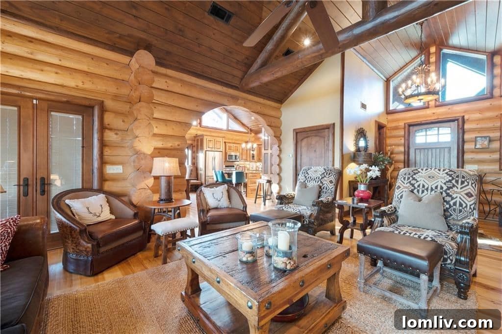 Outdoor deck with comfortable seating area, al-fresco dining table, and a private hot tub, offering panoramic lake views from a Broken Bow cabin