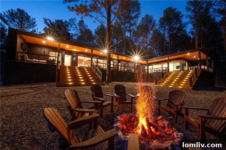 Exterior of a large, modern luxury cabin named 'Beyond Expectation' in Broken Bow, designed for group getaways, surrounded by mature trees