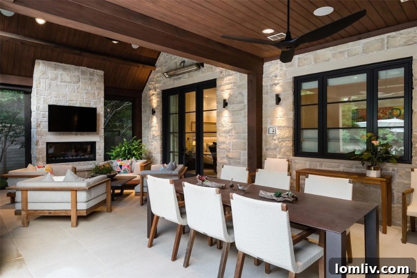 Preston Hollow's Transitional Pool Masterpiece 14 Expansive covered patio with fireplace and dining area, accessible from the primary suite