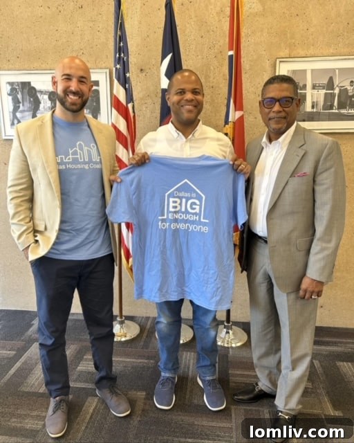 Bryan Tony, Dallas Mayor Eric Johnson, and Bill Eubanks discussing housing bond funds.