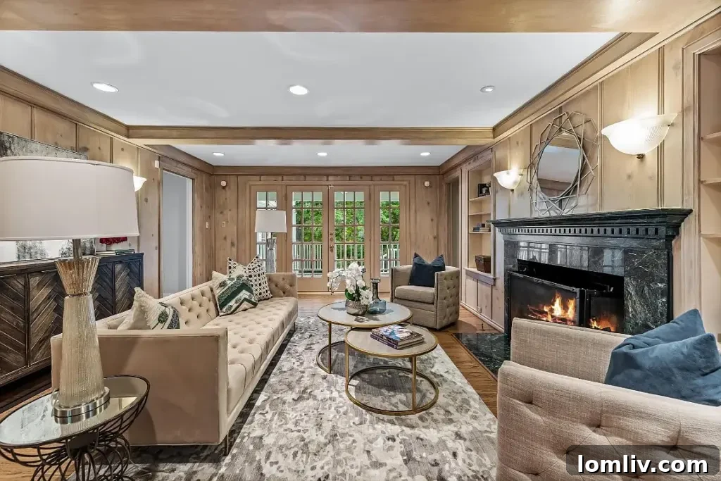 Spacious living room with floor-to-ceiling woodwork and abundant natural light.