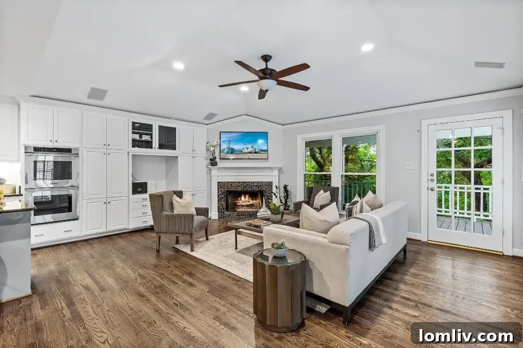 Detail of elegant fireplace and built-in shelving in the living room.
