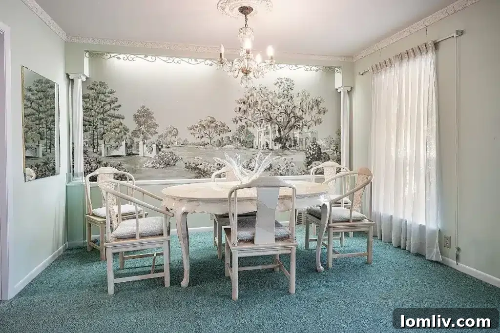 Dining room showcasing a unique 1950s-era mural