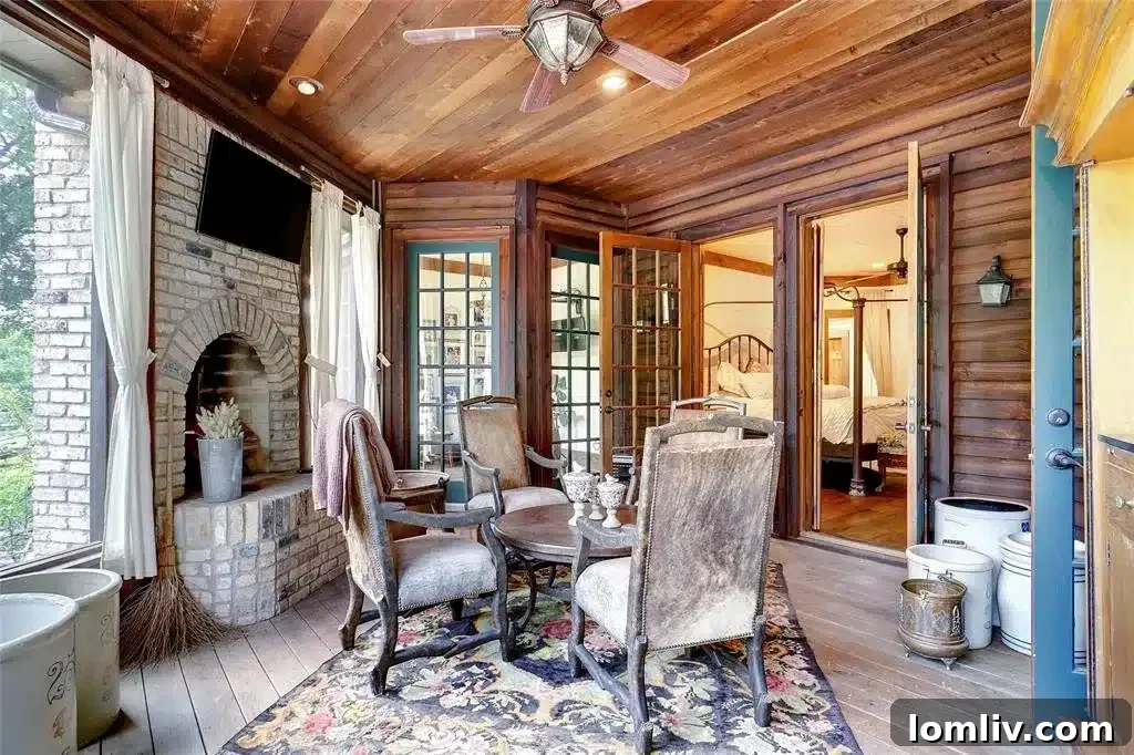 Screened outdoor patio with fireplace and bar for year-round enjoyment