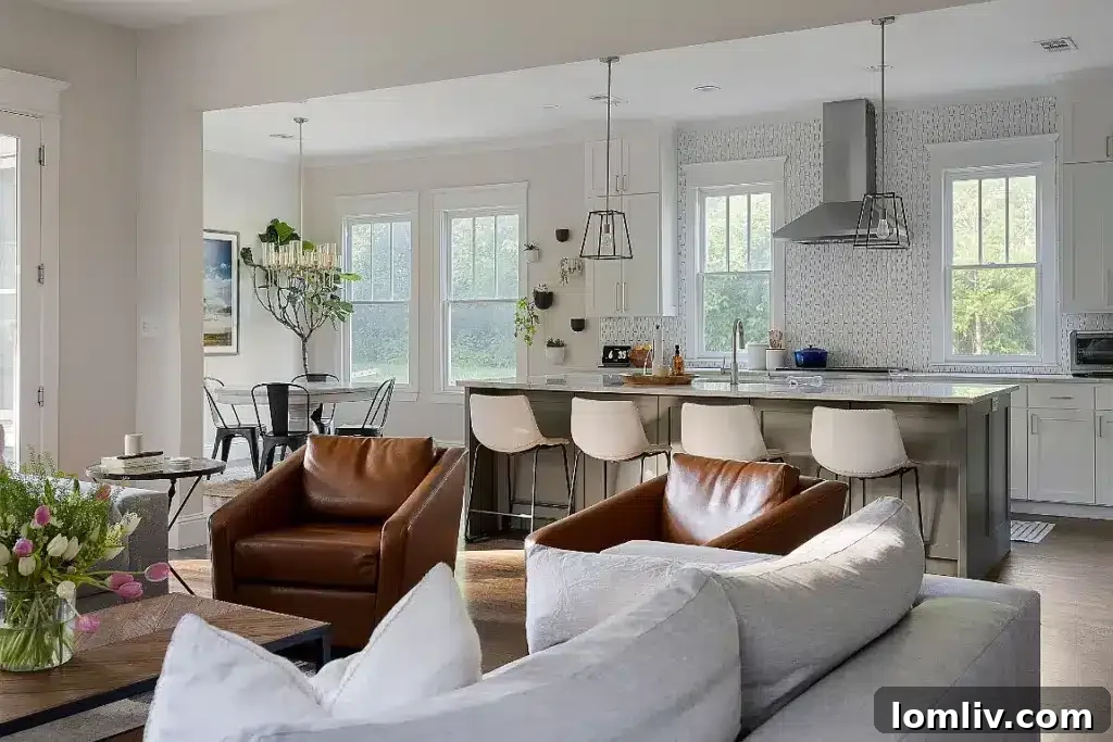 Spacious and cozy living room with a modern fireplace, large windows, and hardwood floors