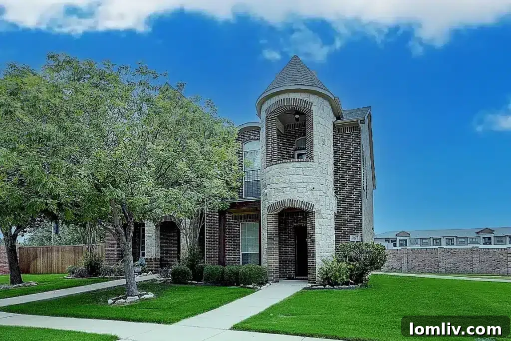 Exterior view of the unique castle-style duplex at 967 Shelby Lane, Lewisville area