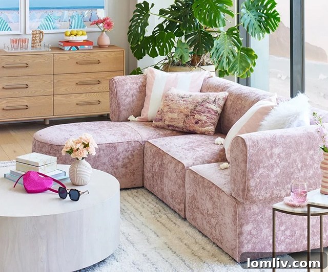 Barbie-themed Joybird sofa in a stylish living room