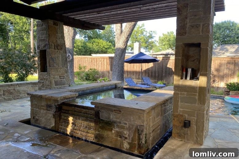 The M Streets Swimply pool features a beach entry and waterfalls.