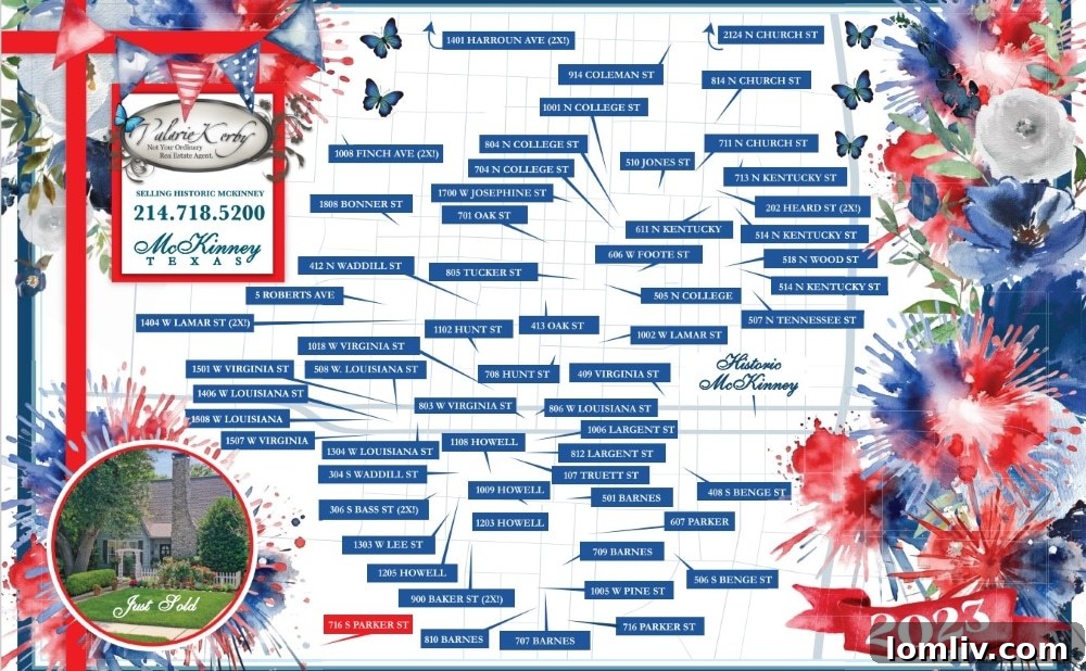 A vibrant, butterfly-adorned map showcasing Valarie Kerby's extensive sales in Historic Downtown McKinney.
