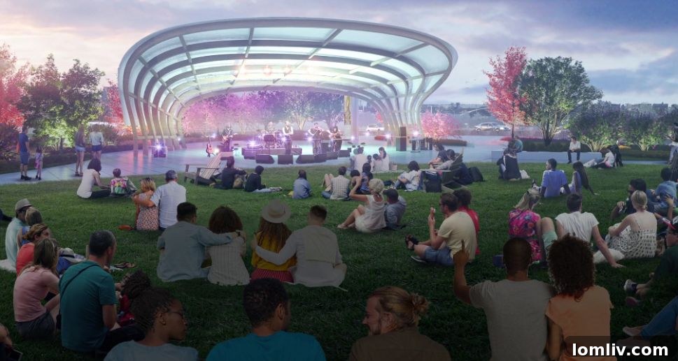 Rendering of Southern Gateway Park with lush greenery and people