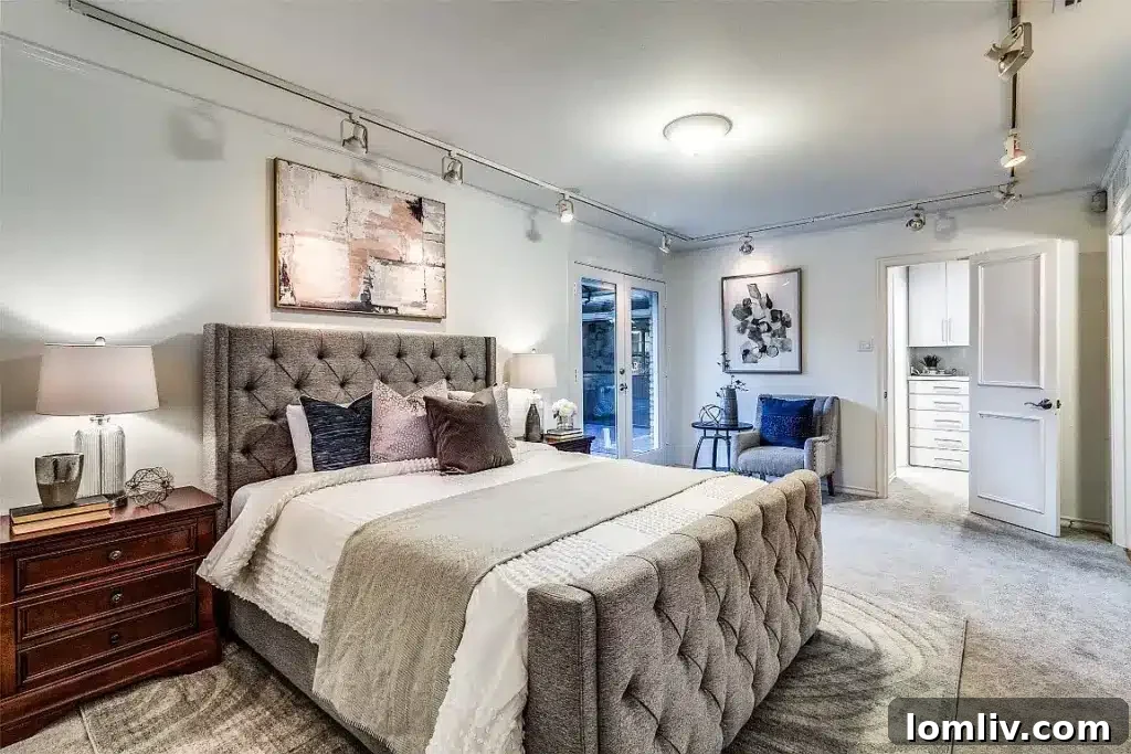 Dedicated home office space with a built-in desk and sliding glass door for privacy and light