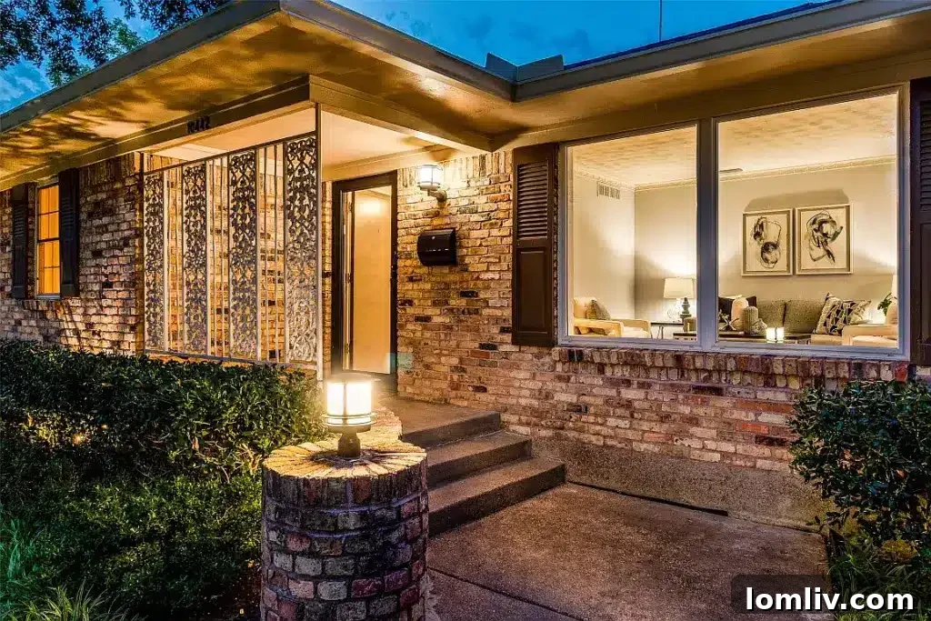 Meticulously maintained front exterior of a brick home with lush green lawn and prominent live oak