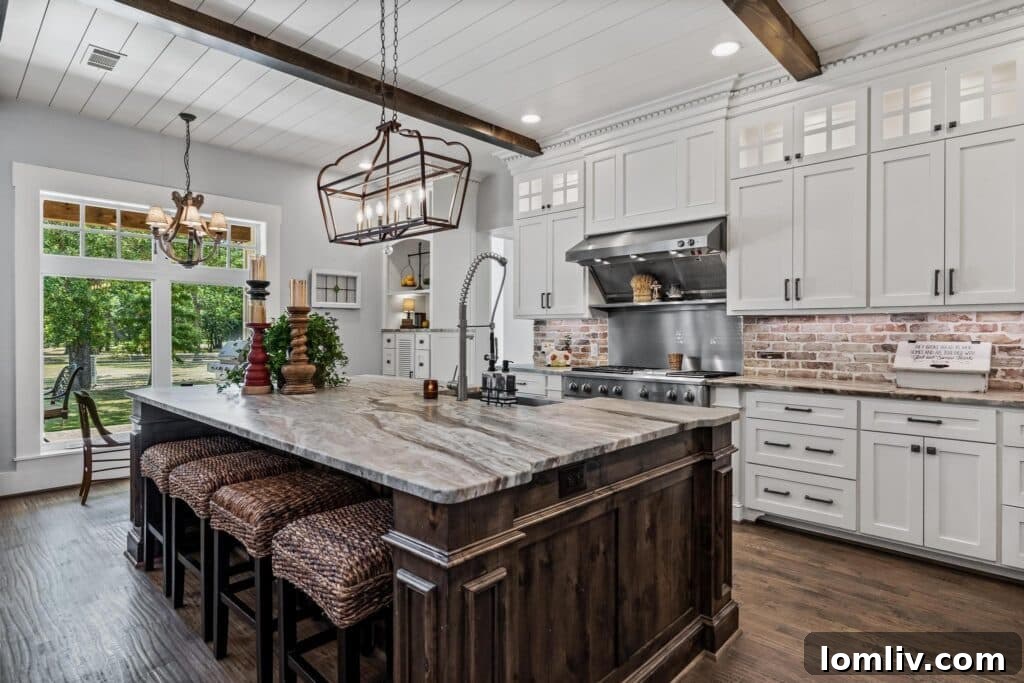 Spacious kitchen with solid wood shiplap and Chicago brick backsplash
