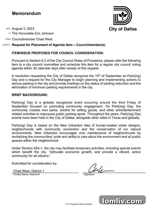 First page of the Dallas City Council memo on parking code reform.