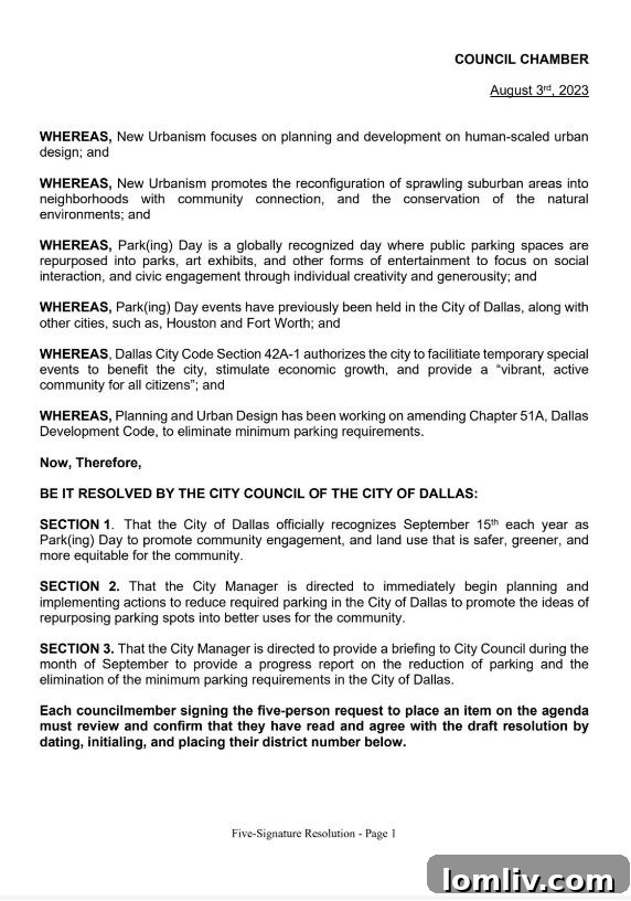 Second page of the Dallas City Council memo, outlining the proposed resolution for parking reform.