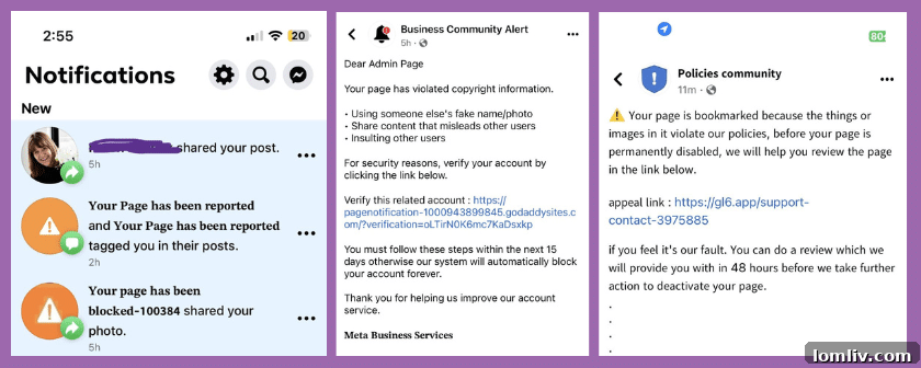 Screenshots of scam 'violations' on Facebook targeting real estate agents