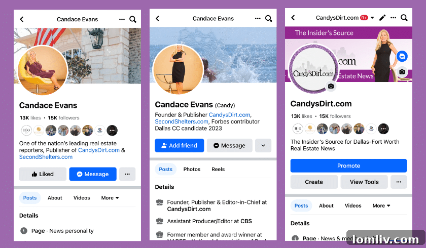 Comparison of a Realtor's personal profile, business profile page, and a real estate team's business page on Facebook