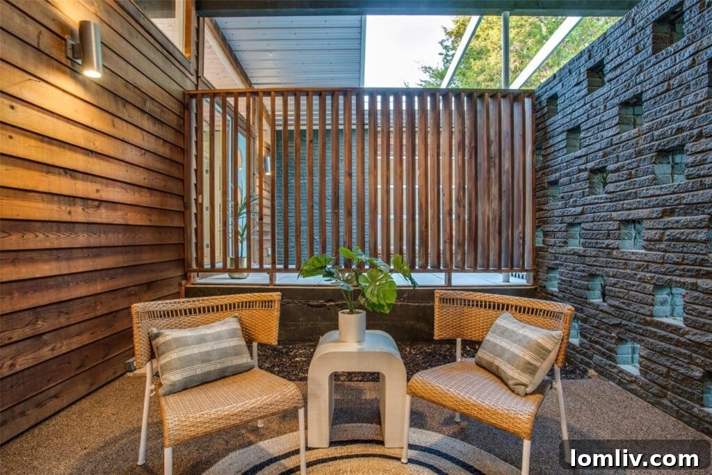 Modern exterior details of Dallas home, including Roman stacked brick and wood siding