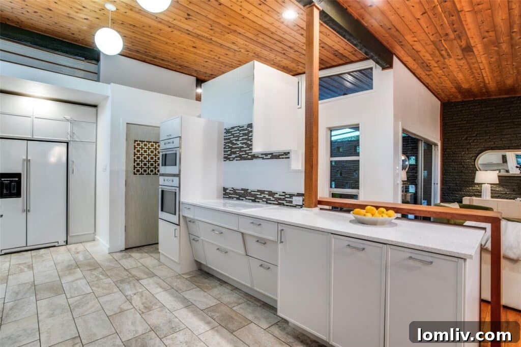 Close-up of wood plank ceiling and modern lighting in Dallas home