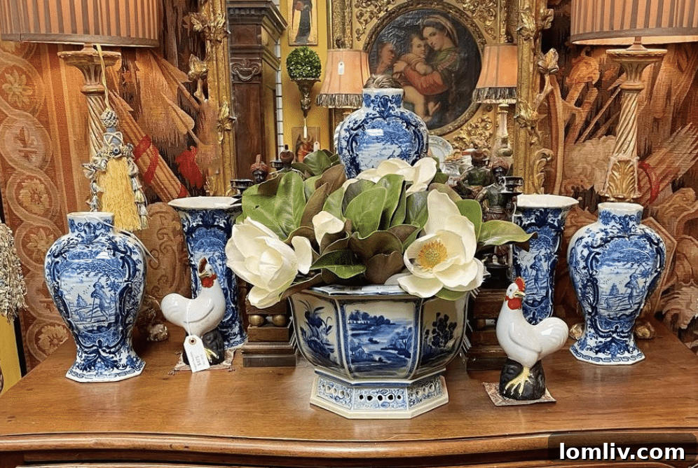Close-up of a meticulously arranged display of antique ceramics and porcelain at M.D. Antiques