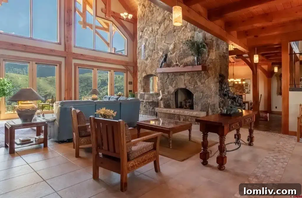 Spacious living room with high ceilings and large windows capturing mountain views.