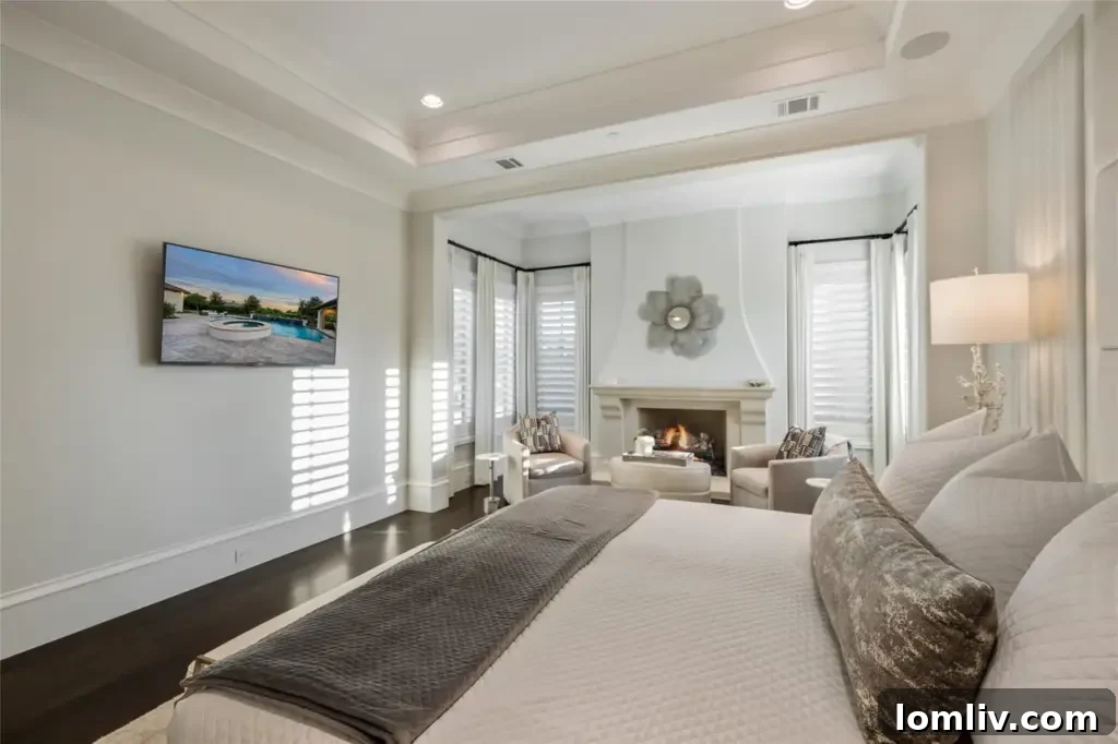 Expansive primary suite with high ceilings, a wood-burning fireplace, and elegant decor, creating a serene haven.
