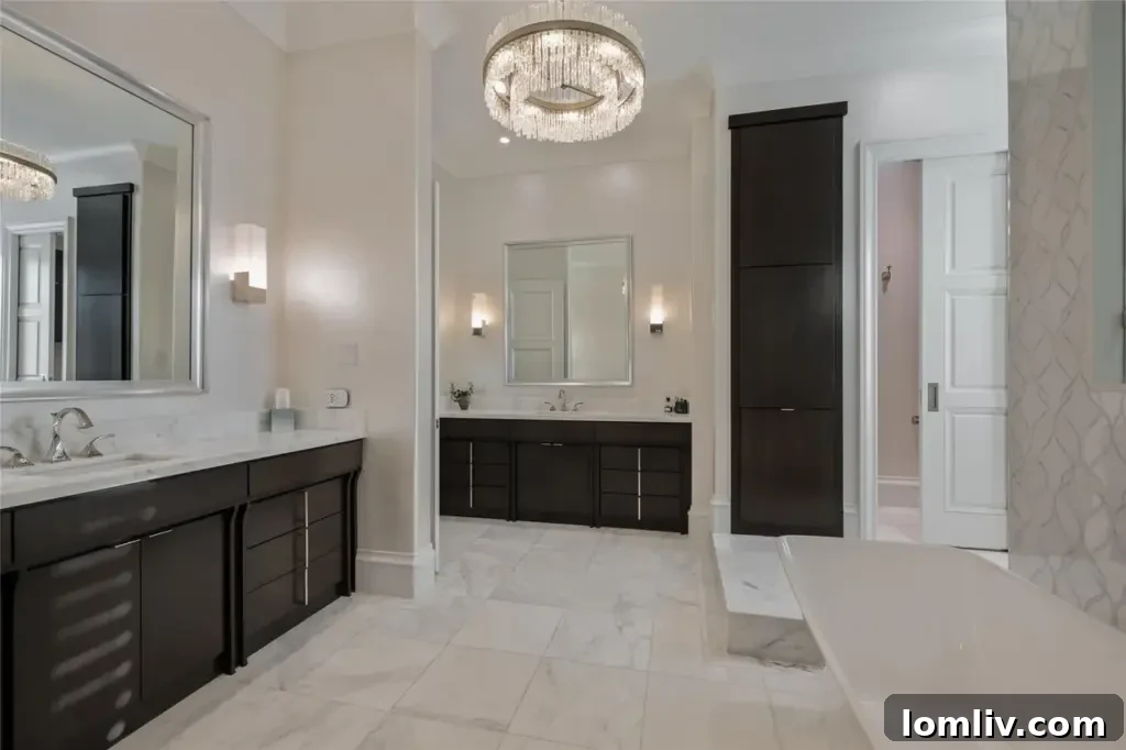 Spa-like primary bathroom with elegant marble floors, a freestanding bathtub, and a large walk-in shower.