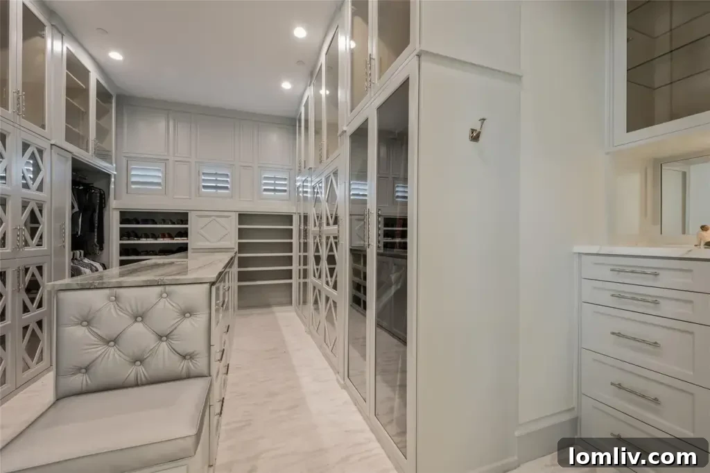 Custom walk-in closet in the primary suite, featuring bespoke shelving, drawers, and ample space for organization.