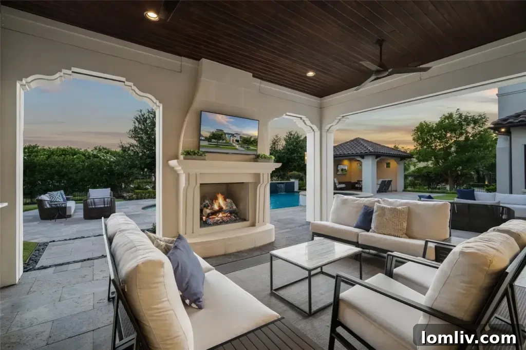 Luxurious outdoor living area with comfortable seating under a covered patio, overlooking a sparkling pool and greenbelt.
