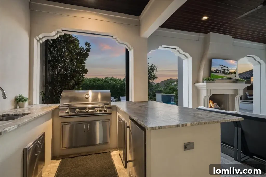 Expansive backyard with a large swimming pool, fountains, a covered patio, and lush landscaping, bordering a serene greenbelt.