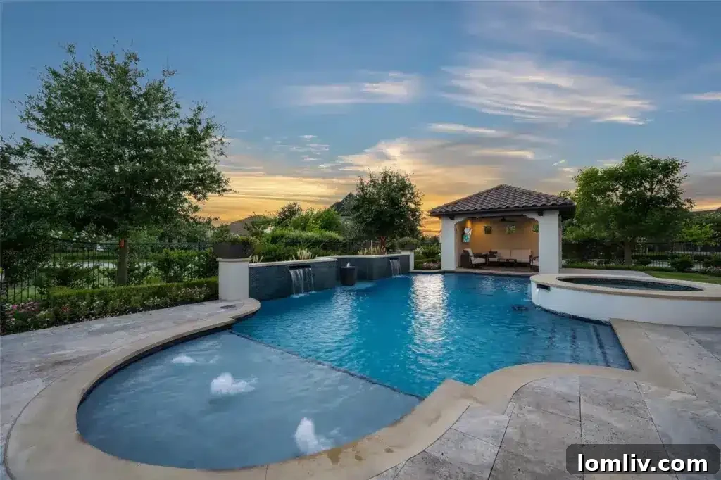 Outdoor kitchen area with a built-in Blaze grill, sink, and refrigerator, under a covered patio with an outdoor fireplace.