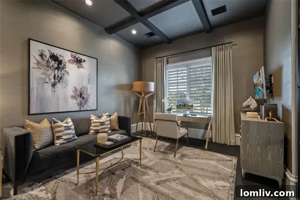 Spacious formal dining room with a chandelier and elegant decor, connected to a sophisticated wine cellar.