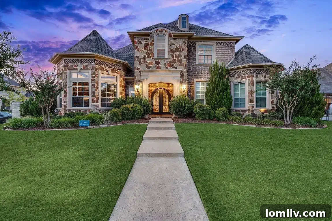 Expansive family home exterior with elegant architecture, large windows, and a lush green lawn.