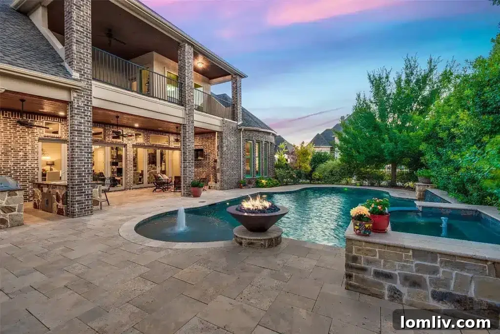 Spacious backyard with a large swimming pool, surrounded by lounging areas and mature trees, ideal for family fun.