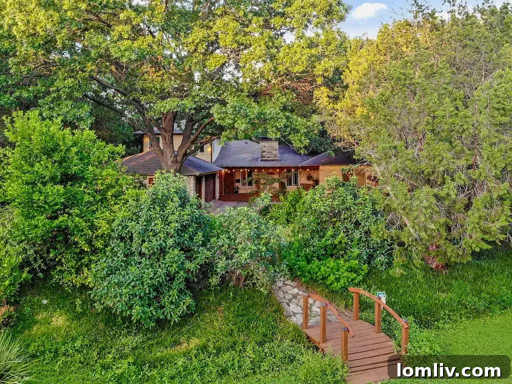 Lush, spacious backyard with mature trees, a winding path, and a serene pond, perfect for outdoor play.
