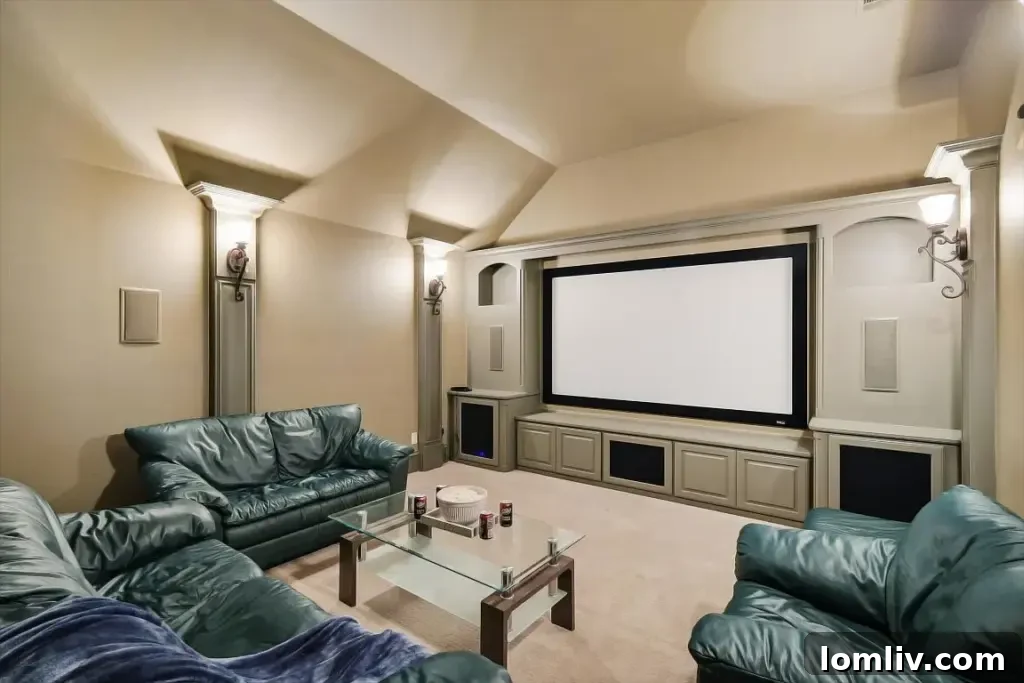 Cozy media room with comfortable seating, large screen, and dim lighting, perfect for movie nights.
