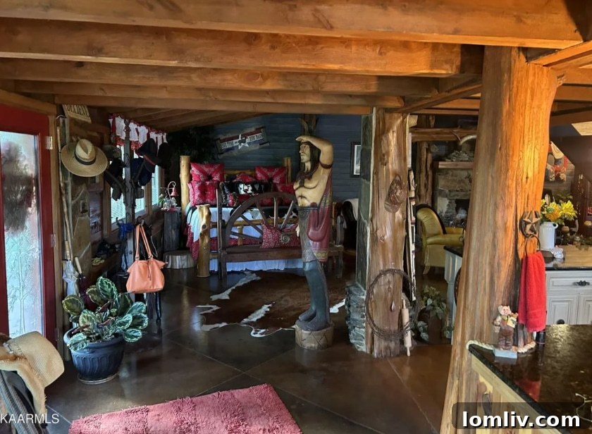 Western decor with a prominent wagon wheel and Native American statue in a Tennessee home